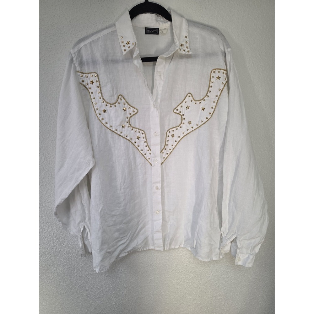 Levante Women Linen Button-Up Shirt Size 10 White Vintage Top Gold Applique